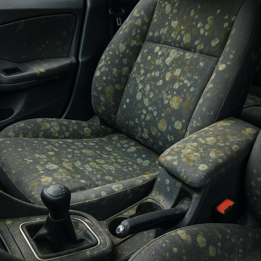Mold growing inside a car interior on the seat and door panel due to moisture damage